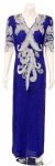 Half Sleeves v-Neck Long Beaded Evening Gown with Keyhole in Royal Blue/White